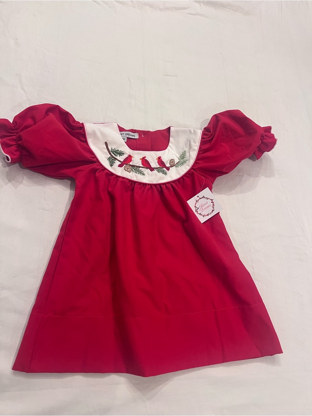 Sweet Dreams Red Dress with White Smocked Yoke and Cardinal Embroidery18 mths